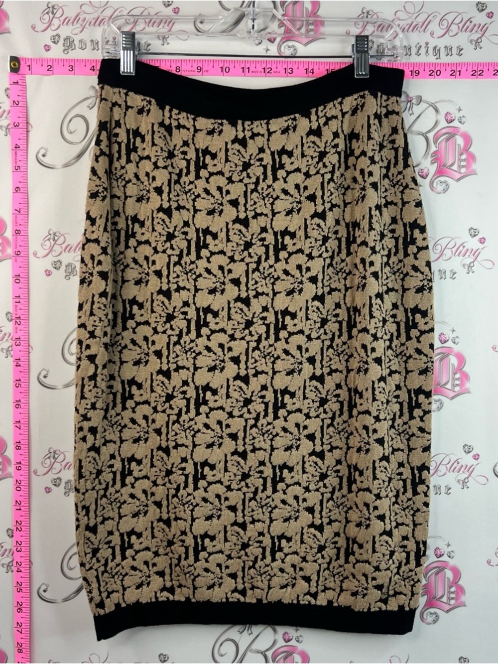 Pink Rose skirt pencil midi stretchy brown Black and Tan Floral Knit Skirt